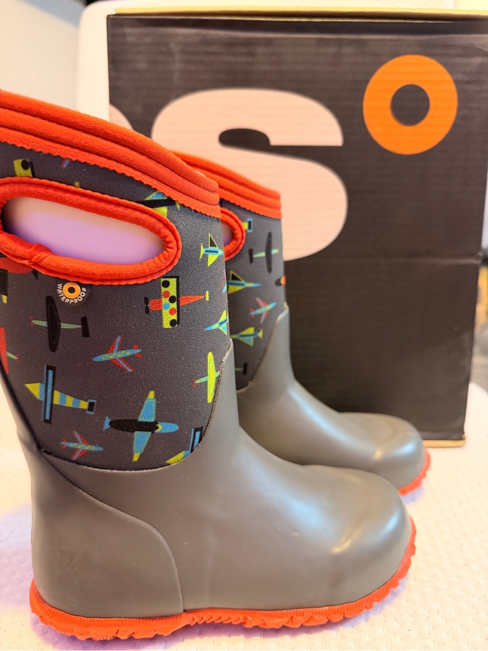 Bogs Kids Gray & Orange Airplane Print Rain Boots